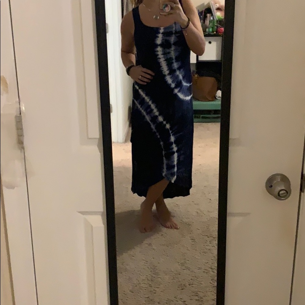 Blue tie dye style dress, in between mid and maxi